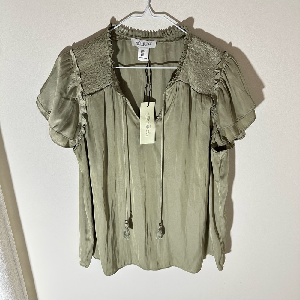 Rachel Zoe Sage Green Ruffled Sleeve Tie Front Blouse